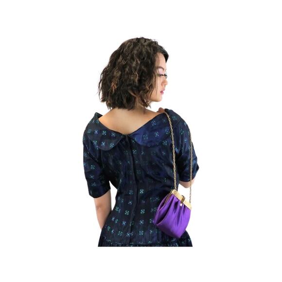 1950s Navy Blue Day Dress Purple Green Geometric Print Size Small - Picture 6 of 14